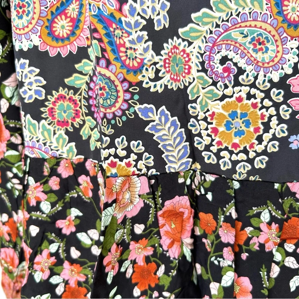 🌸Floral Paisley Boho Blouse w/Tie. Black/Rose/Gold/Blue/Multi. Medium - Picture 8 of 13